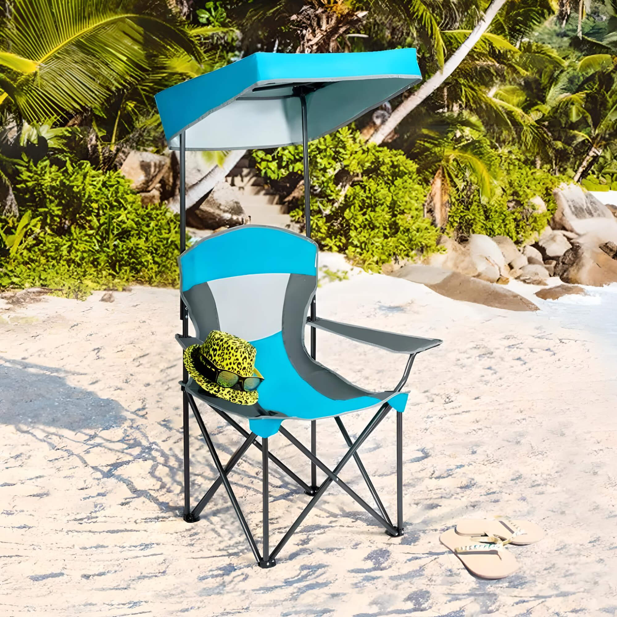 folding-chair-with-sunshade-in-beach